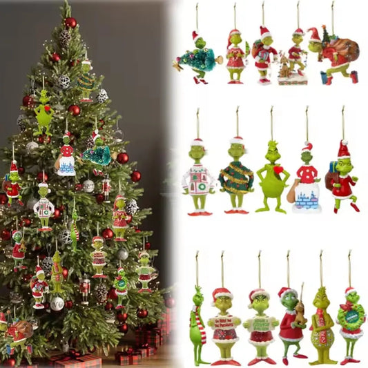 18Pcs 2D Acrylic Green Monsters Christmas Ornaments – Whimsical Christmas Tree Decorations