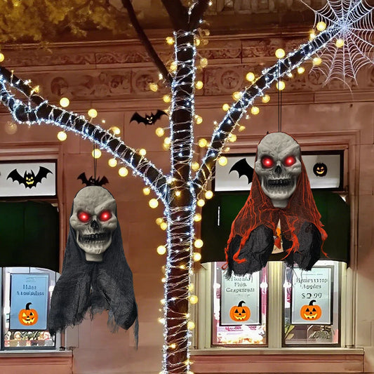 2PCS Hanging Skull Skeleton Ghost Halloween Decorations for Outdoor Use - Realistic Horror Props 1