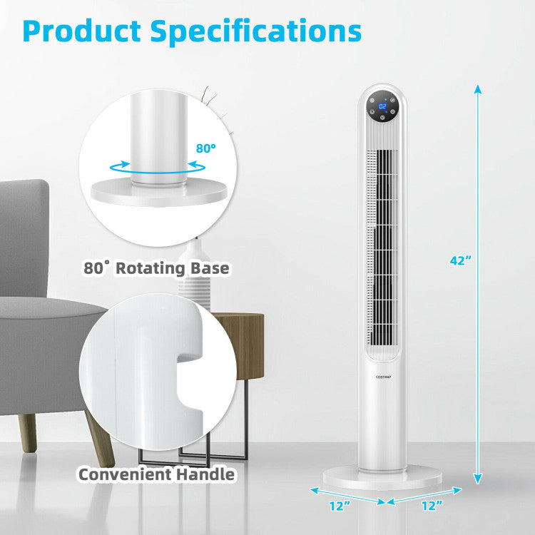42-Inch Oscillating Tower Fan with Remote Control and LED Display – Slim Bladeless Design for Quiet Air Circulation 4