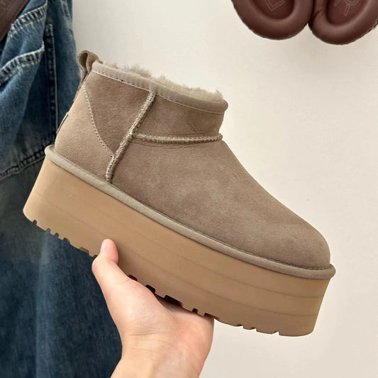 Beige Women's Ultra Mini Ankle Boots with Cozy Fur Lining – Stylish Platform Booties 0