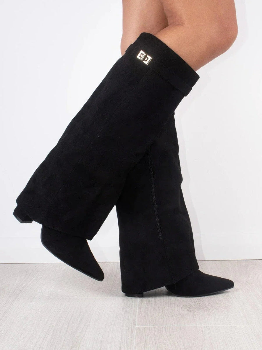 Black Knee High Boots for Women – Stylish Pointed Toe Design with Block Heel and Wide Calf Fit 3
