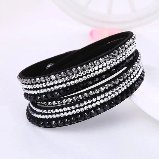 Black Rhinestone Leather Wrap Bracelet for Women – Elegant Multi-Strand Design 0