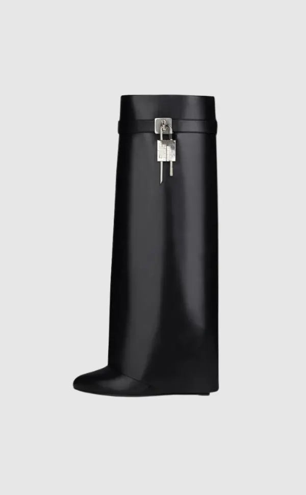 Black Vegan Leather Knee High Boots for Women – Stylish Comfort Footwear with Hidden Wedge and Unique Lock Design 0