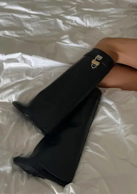 Black Vegan Leather Knee High Boots for Women – Stylish Comfort Footwear with Hidden Wedge and Unique Lock Design 5