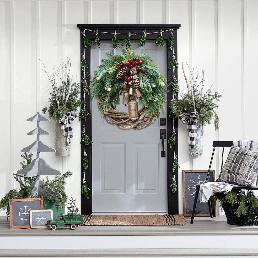 Bohemian Christmas Wreath for Front Door – 17-Inch Holiday Decor with Pinecones and Bells 2
