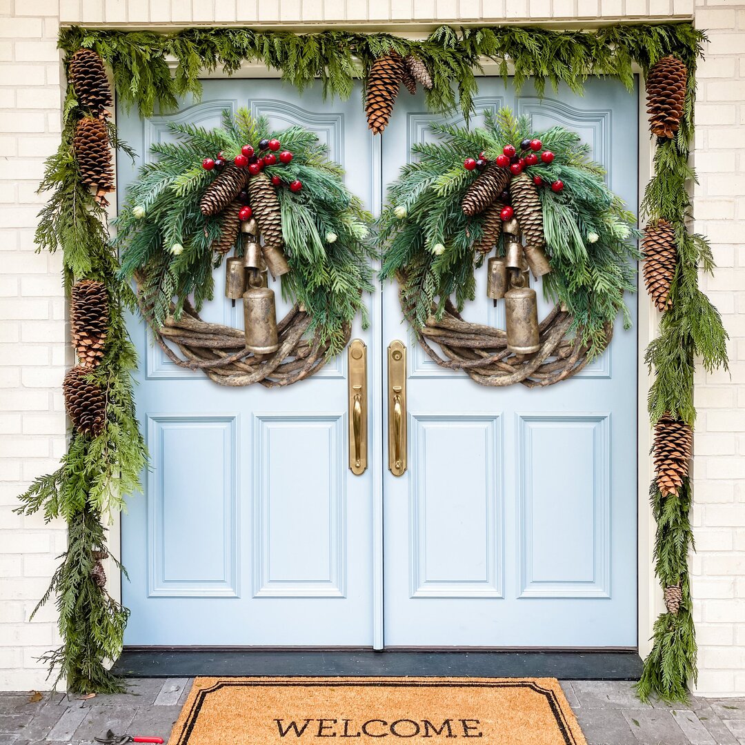 Bohemian Christmas Wreath for Front Door – 17-Inch Holiday Decor with Pinecones and Bells 3