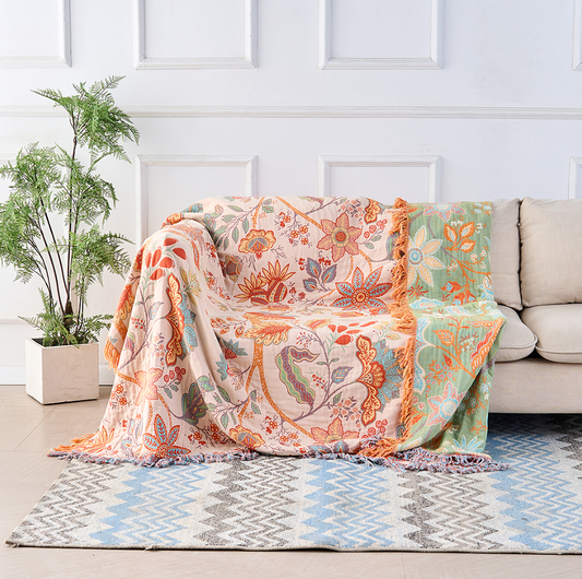 Boho Floral Cotton Throw Blanket – Soft, Breathable Sofa Cover for Cozy Home Décor 0
