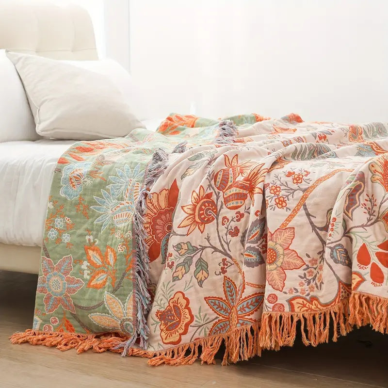 Boho Floral Cotton Throw Blanket – Soft, Breathable Sofa Cover for Cozy Home Décor 1
