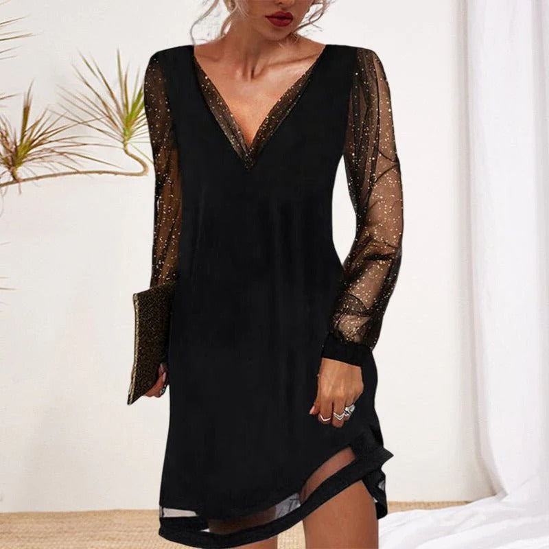 Classic V-Neck Evening Dress in Soft Polyester with Long Sleeves for Casual Parties and Special Occasions 0