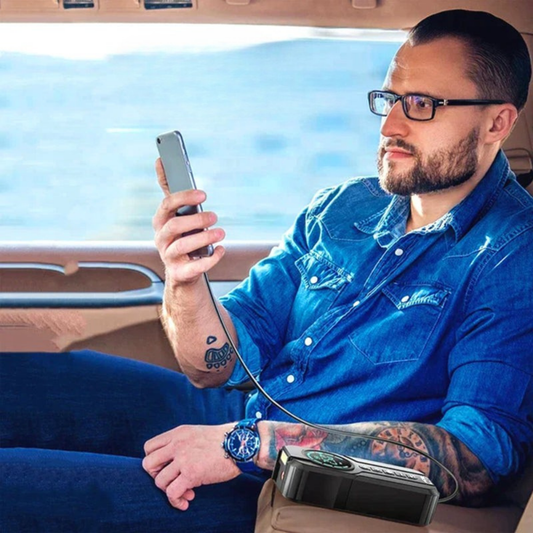 Compact Car Air Pump and Jump Starter with LED Light – Portable Emergency Power Bank 1