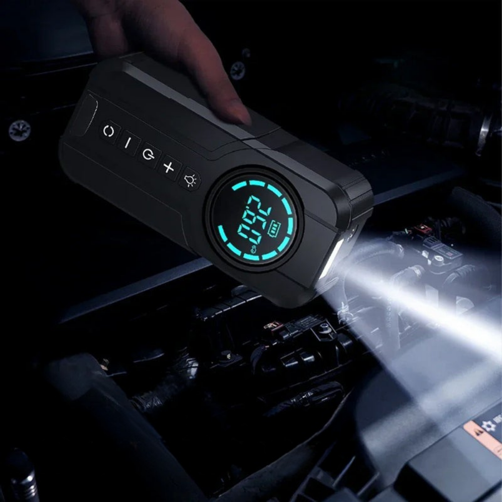 Compact Car Air Pump and Jump Starter with LED Light – Portable Emergency Power Bank 2