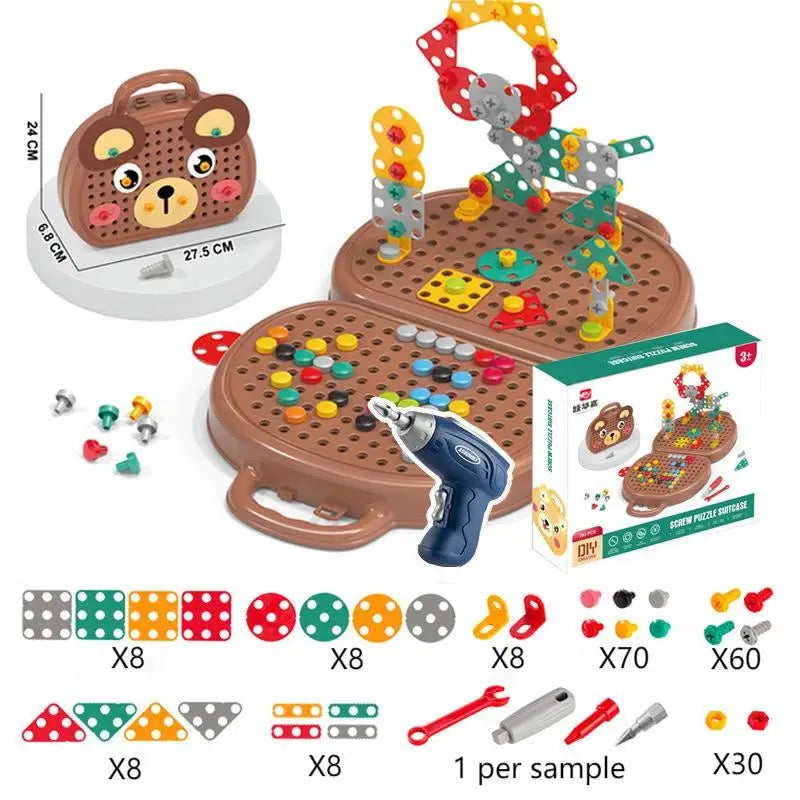 Construction Toy Set with Electric Drill and Bear-Shaped Storage Case for Kids 1