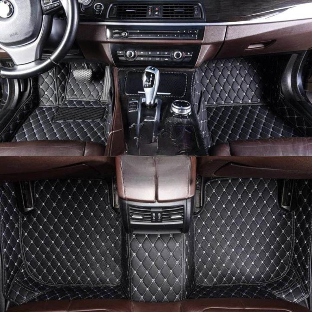 Custom Waterproof Leather Car Floor Mats – Black with White Stitching for All Vehicle Types 0
