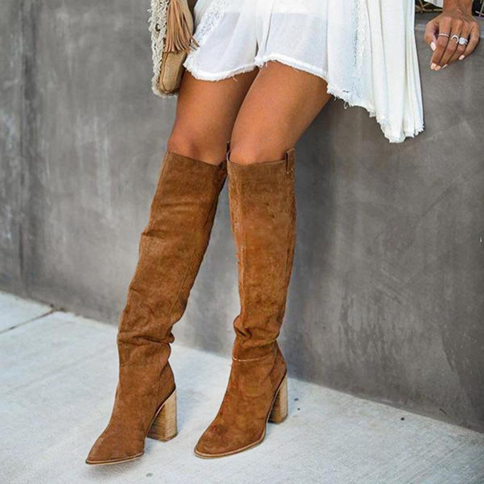 Gray Block Heel Women's Boots – Urban Western Style Footwear in Soft Suede Imitation for All Seasons 7