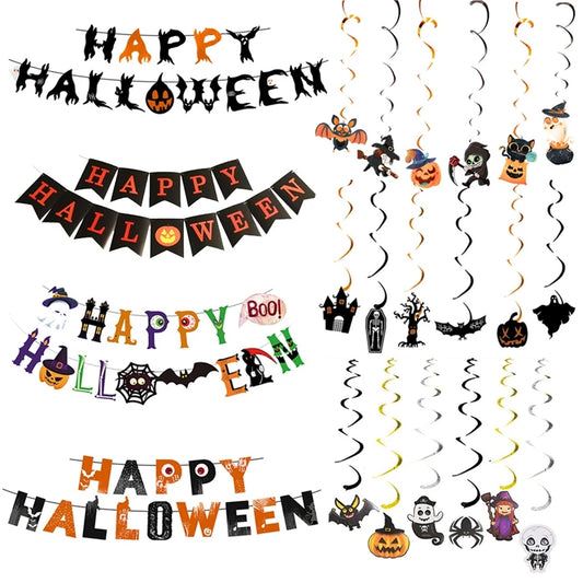 Halloween Party Banner - Multi-Color Paper Garland with Bat and Pumpkin Design for Trick or Treat Celebrations 0