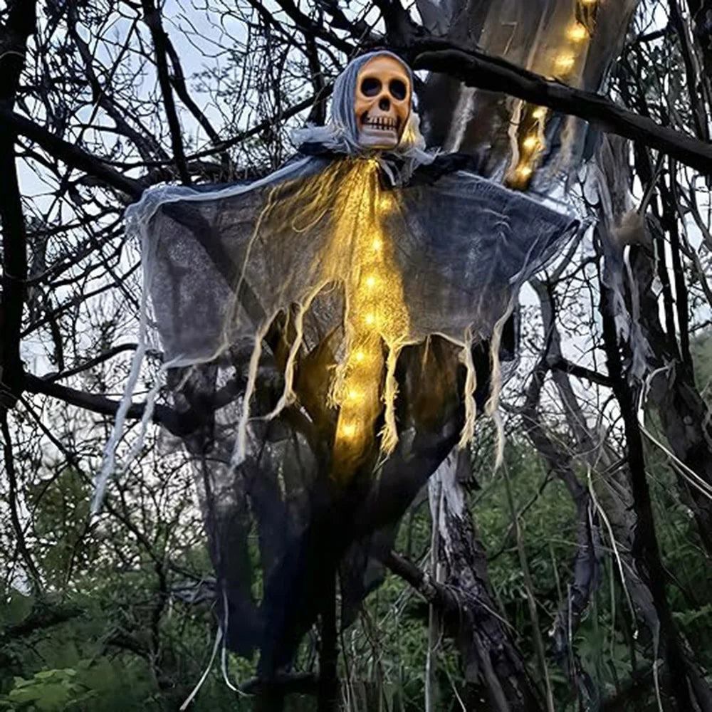 Halloween Skeleton Ghost Decoration with LED String Lights – Outdoor Halloween Decoration for Gardens, Porches, and Yards