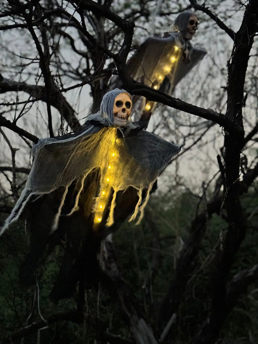 Halloween Skeleton Ghost Decoration with LED String Lights – Outdoor Halloween Decoration for Gardens, Porches, and Yards