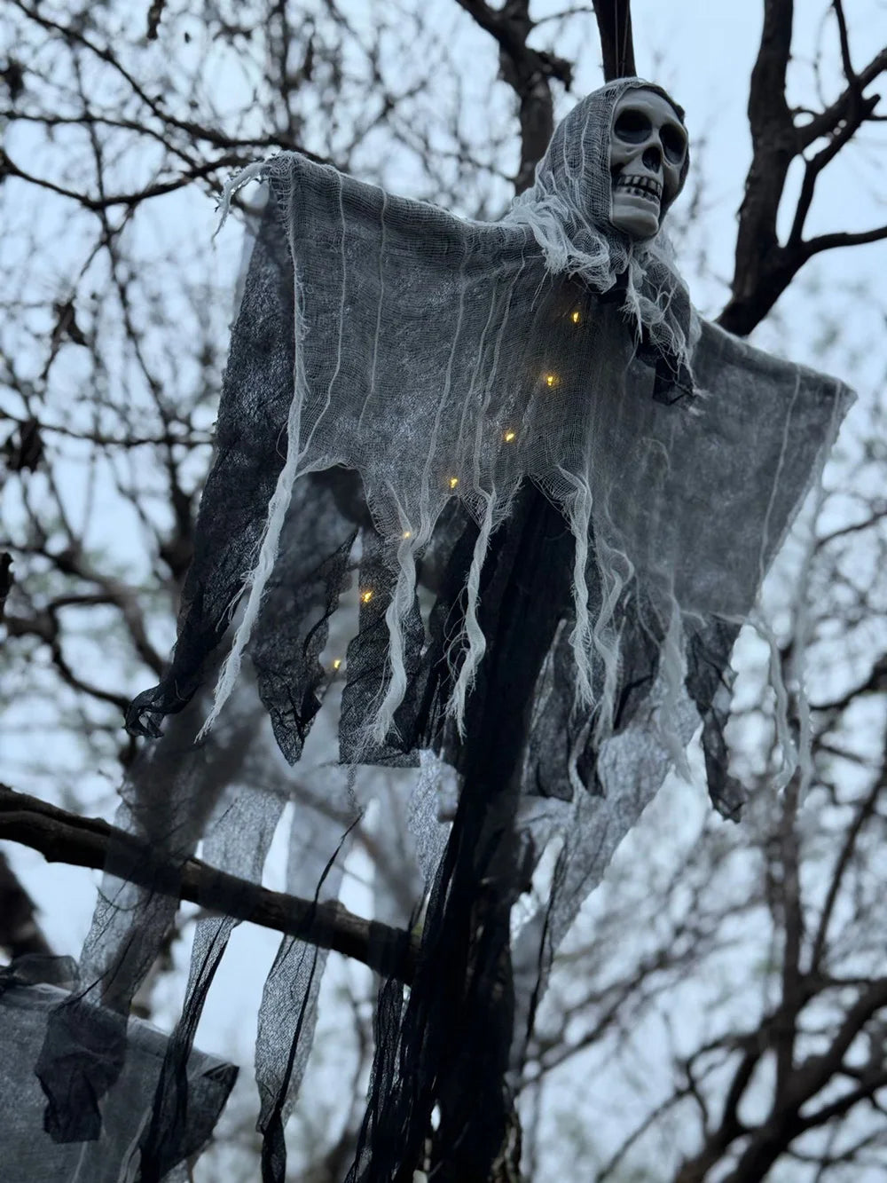 Halloween Skeleton Ghost Decoration with LED String Lights – Outdoor Halloween Decoration for Gardens, Porches, and Yards