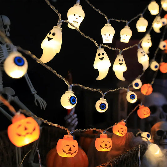 Halloween String Lights with Pumpkin, Skull, and Eyeball Shapes – Outdoor LED Decorative Lights for Spooky Decor