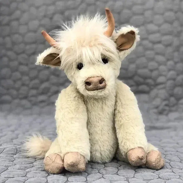 Handcrafted Highland Cow Plush Toy – Soft White Alpaca Stuffed Animal with Flowers, Articulated Limbs, 25 cm 0