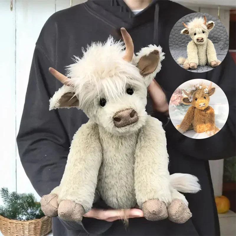 Handcrafted Highland Cow Plush Toy – Soft White Alpaca Stuffed Animal with Flowers, Articulated Limbs, 25 cm 3