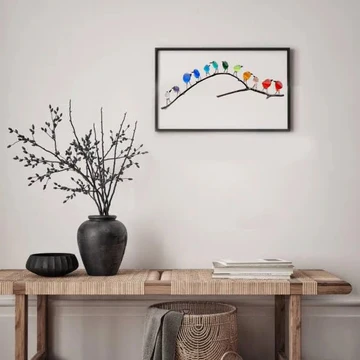 Handmade Sea Glass Rainbow Birds Artwork – Coastal Decor with Authentic Driftwood 1