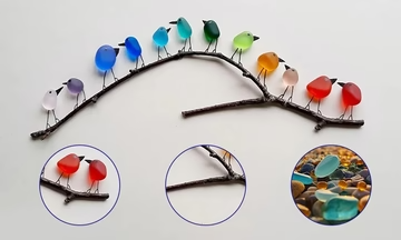 Handmade Sea Glass Rainbow Birds Artwork – Coastal Decor with Authentic Driftwood 2