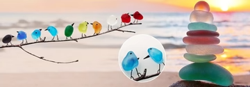 Handmade Sea Glass Rainbow Birds Artwork – Coastal Decor with Authentic Driftwood 3
