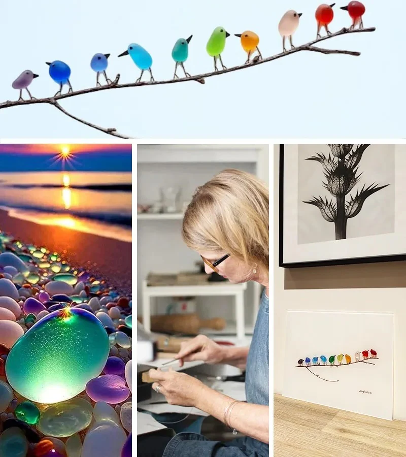 Handmade Sea Glass Rainbow Birds Artwork – Coastal Decor with Authentic Driftwood 4