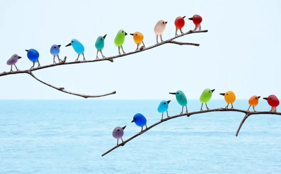 Handmade Sea Glass Rainbow Birds Artwork – Coastal Decor with Authentic Driftwood 5