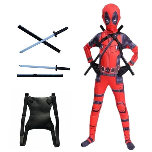 Kids Deadpool Cosplay Bodysuit Jumpsuit with Mask – Red and Black, Durable Polyester, Perfect for Dress Up and Role Play