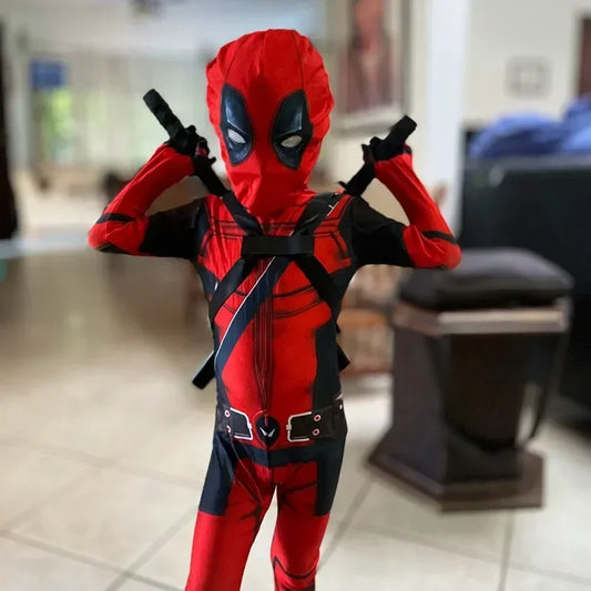 Kids Deadpool Cosplay Bodysuit Jumpsuit with Mask – Red and Black, Durable Polyester, Perfect for Dress Up and Role Play