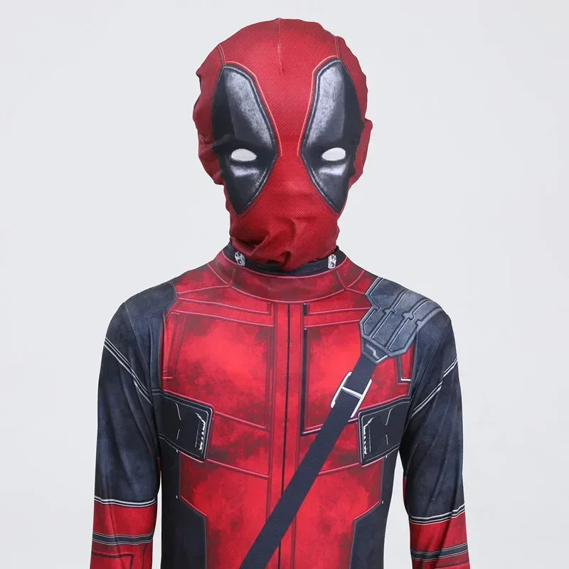 Kids Deadpool Cosplay Bodysuit Jumpsuit with Mask – Red and Black, Durable Polyester, Perfect for Dress Up and Role Play