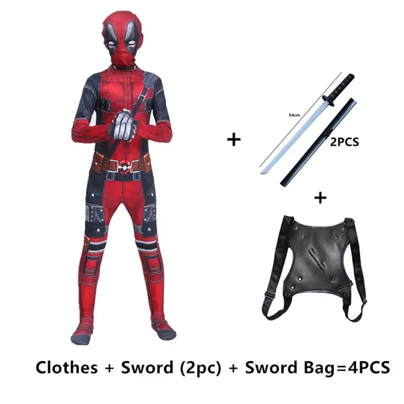Kids Deadpool Cosplay Bodysuit Jumpsuit with Mask – Red and Black, Durable Polyester, Perfect for Dress Up and Role Play