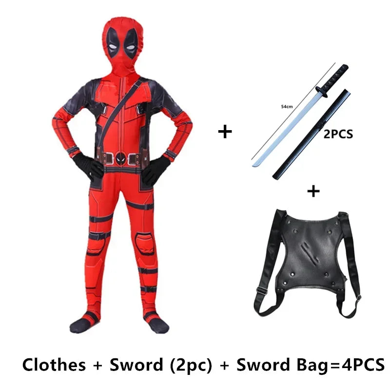 Kids Deadpool Cosplay Bodysuit Jumpsuit with Mask – Red and Black, Durable Polyester, Perfect for Dress Up and Role Play