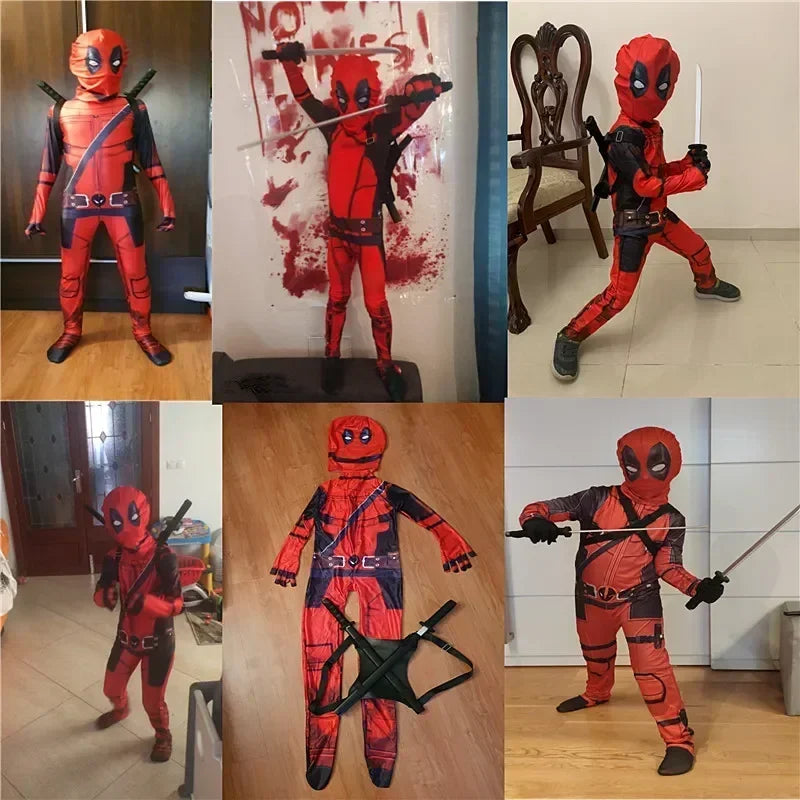 Kids Deadpool Cosplay Bodysuit Jumpsuit with Mask – Red and Black, Durable Polyester, Perfect for Dress Up and Role Play