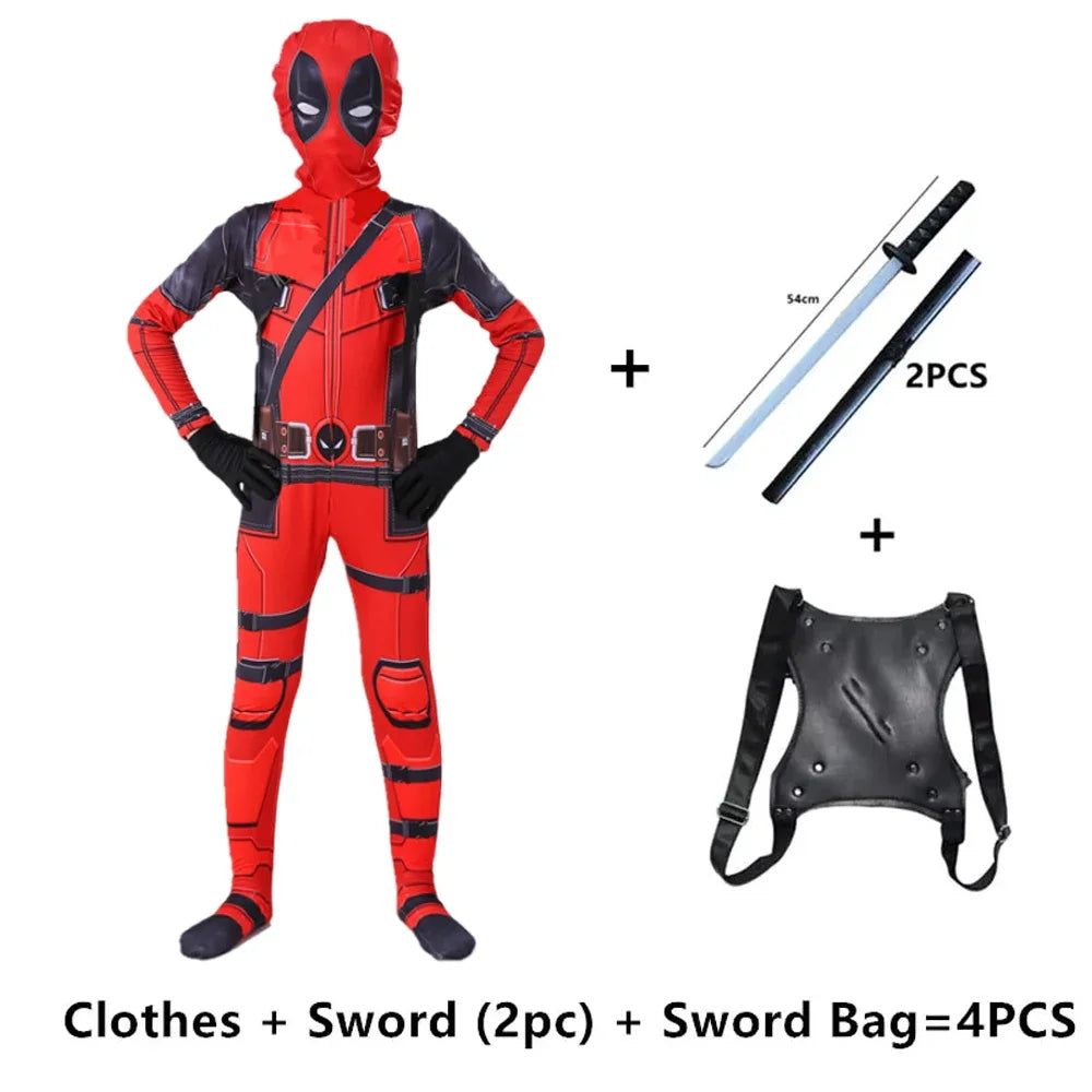 Kids Deadpool Cosplay Bodysuit Jumpsuit with Mask – Red and Black, Durable Polyester, Perfect for Dress Up and Role Play