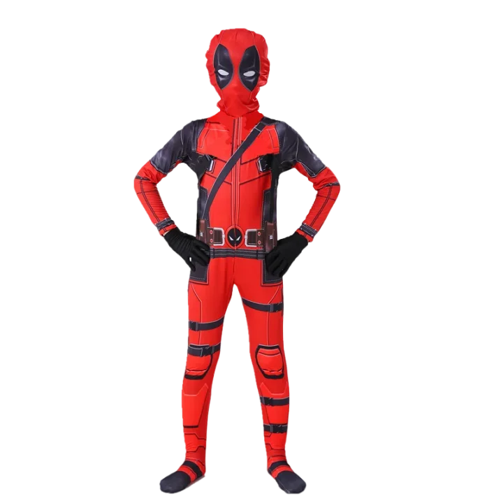 Kids Deadpool Cosplay Bodysuit Jumpsuit with Mask – Red and Black, Durable Polyester, Perfect for Dress Up and Role Play