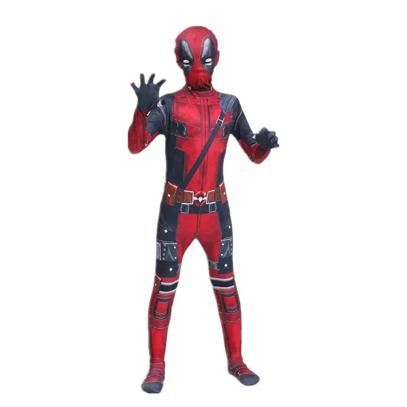 Kids Deadpool Cosplay Bodysuit Jumpsuit with Mask – Red and Black, Durable Polyester, Perfect for Dress Up and Role Play
