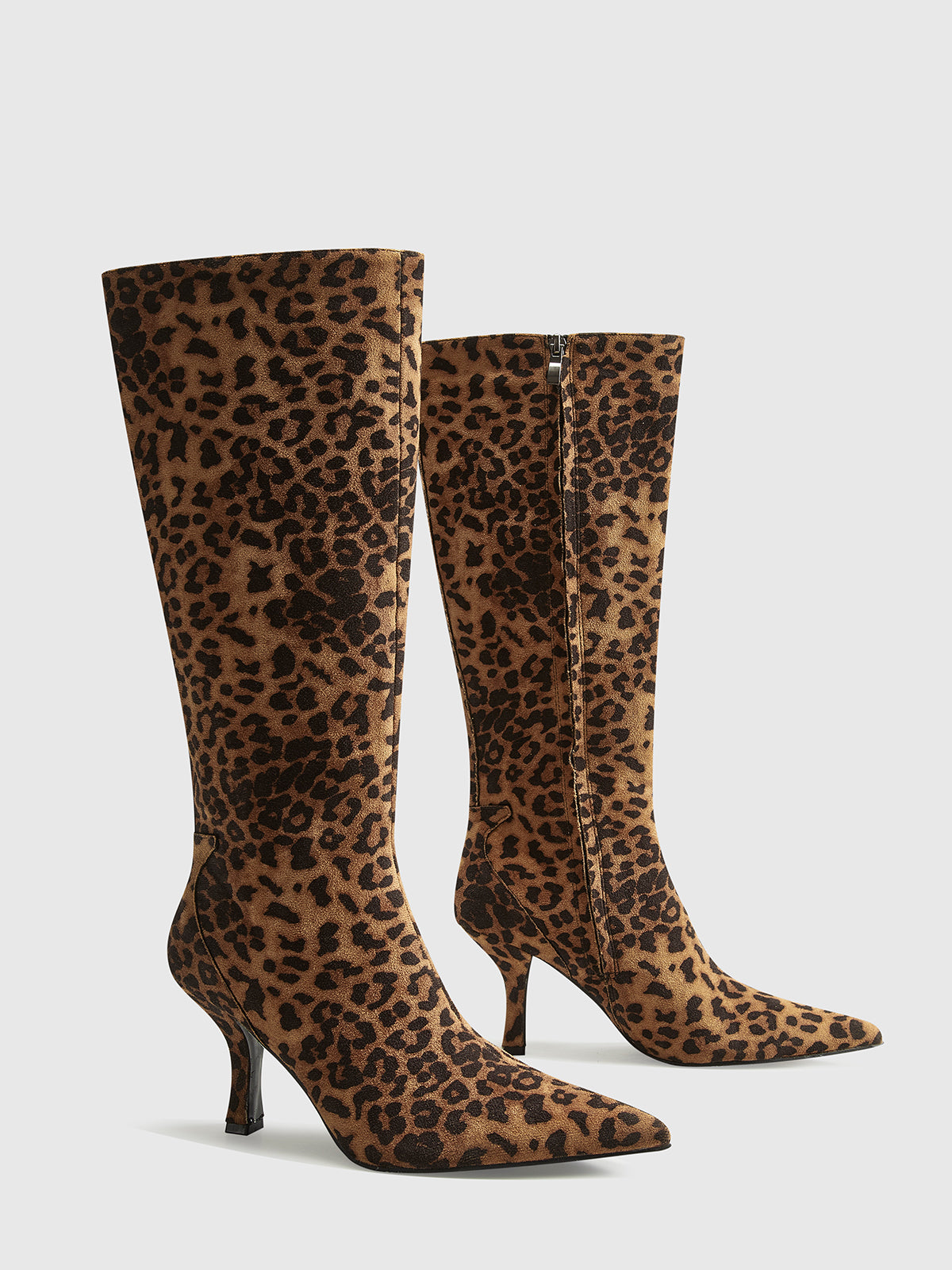 Leopard Print Knee High Boots for Women – Pointed Toe and Mid-Heel Design 5