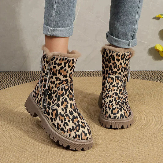 Leopard Print Winter Boots for Women with Plush Lining and Platform Sole 0