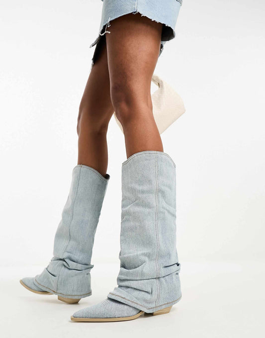 Light Blue Denim Boots with Oversized Shaft and Pointed Toe – Casual Street Style Footwear 1