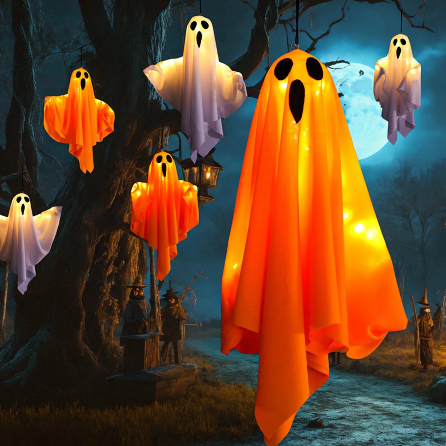 Light Up Halloween Ghost Decoration - Scary Hanging Prop for Indoor and Outdoor Halloween Decorations, 50x40cm