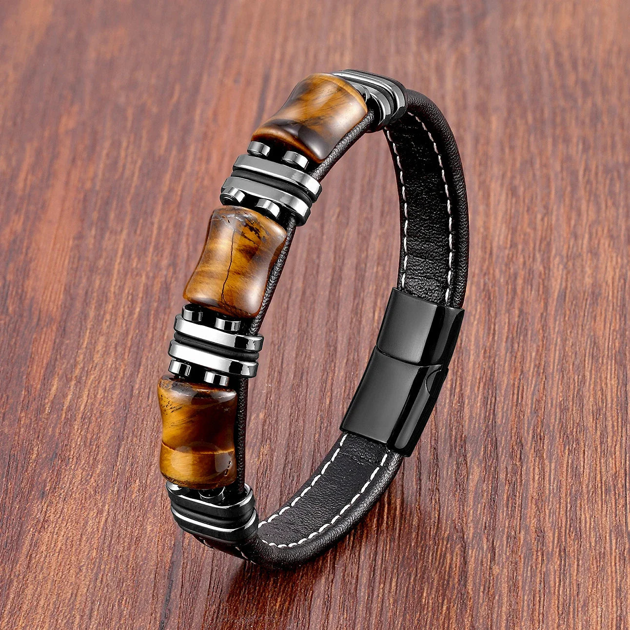 Men's Leather Bracelet with Natural Tiger Eye Stone – Adjustable Stylish Accessory for Casual and Formal Wear 4