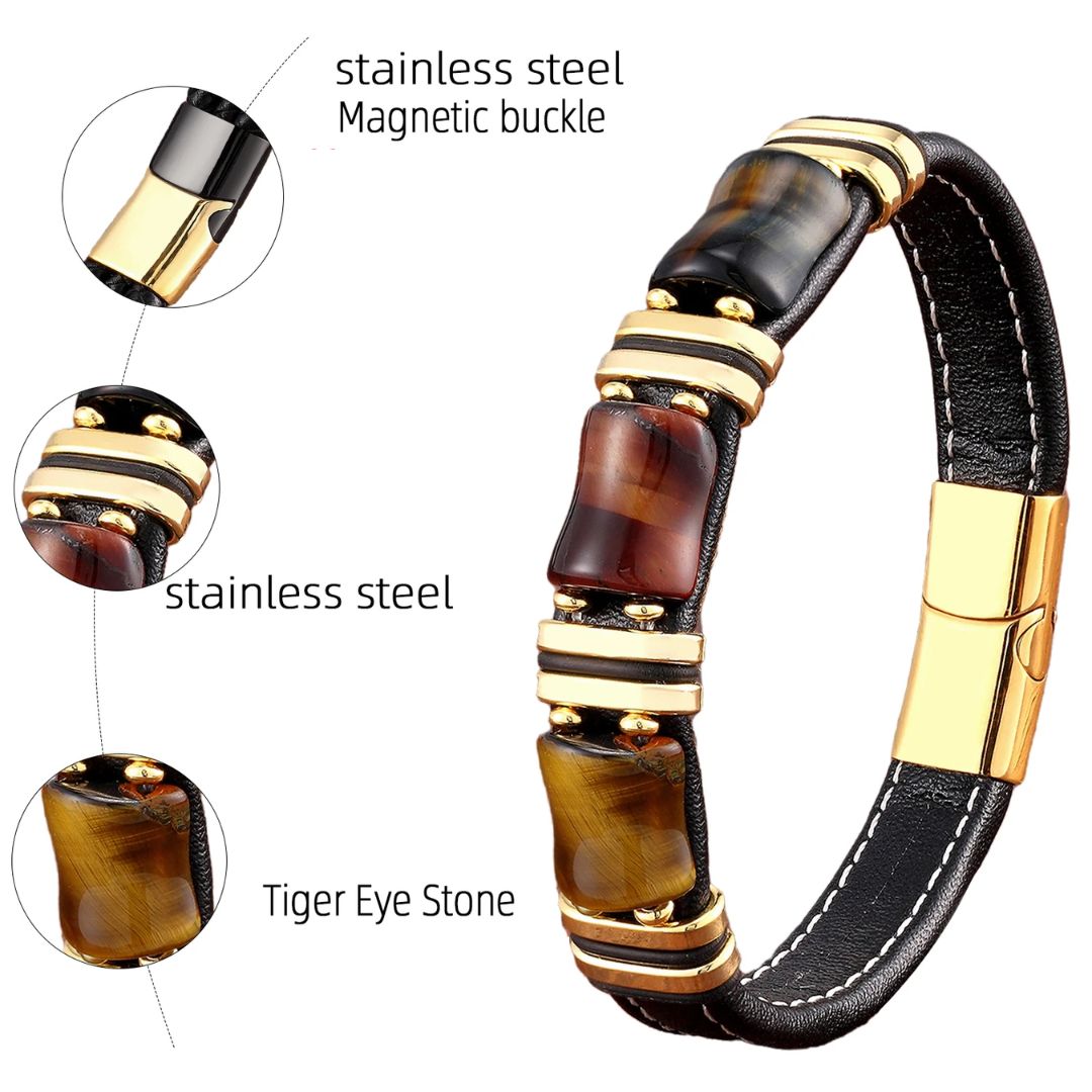 Men's Leather Bracelet with Natural Tiger Eye Stone – Adjustable Stylish Accessory for Casual and Formal Wear 6