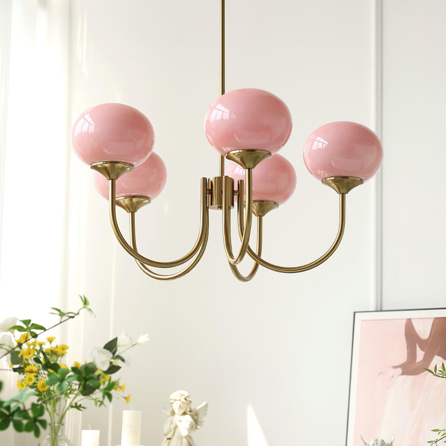 Modern Brass Chandelier with Pink Glass Shades – Adjustable Ceiling Light Fixture 0