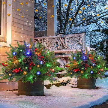 Pre-lit Artificial Christmas Tree Urn Filler with LED Lights and Realistic Branches 3