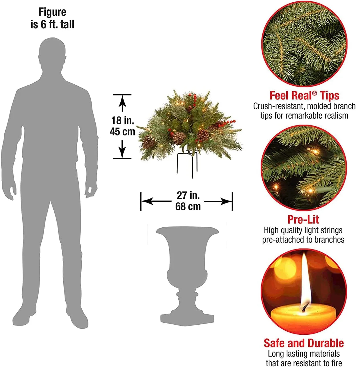 Pre-lit Artificial Christmas Tree Urn Filler with LED Lights and Realistic Branches 4