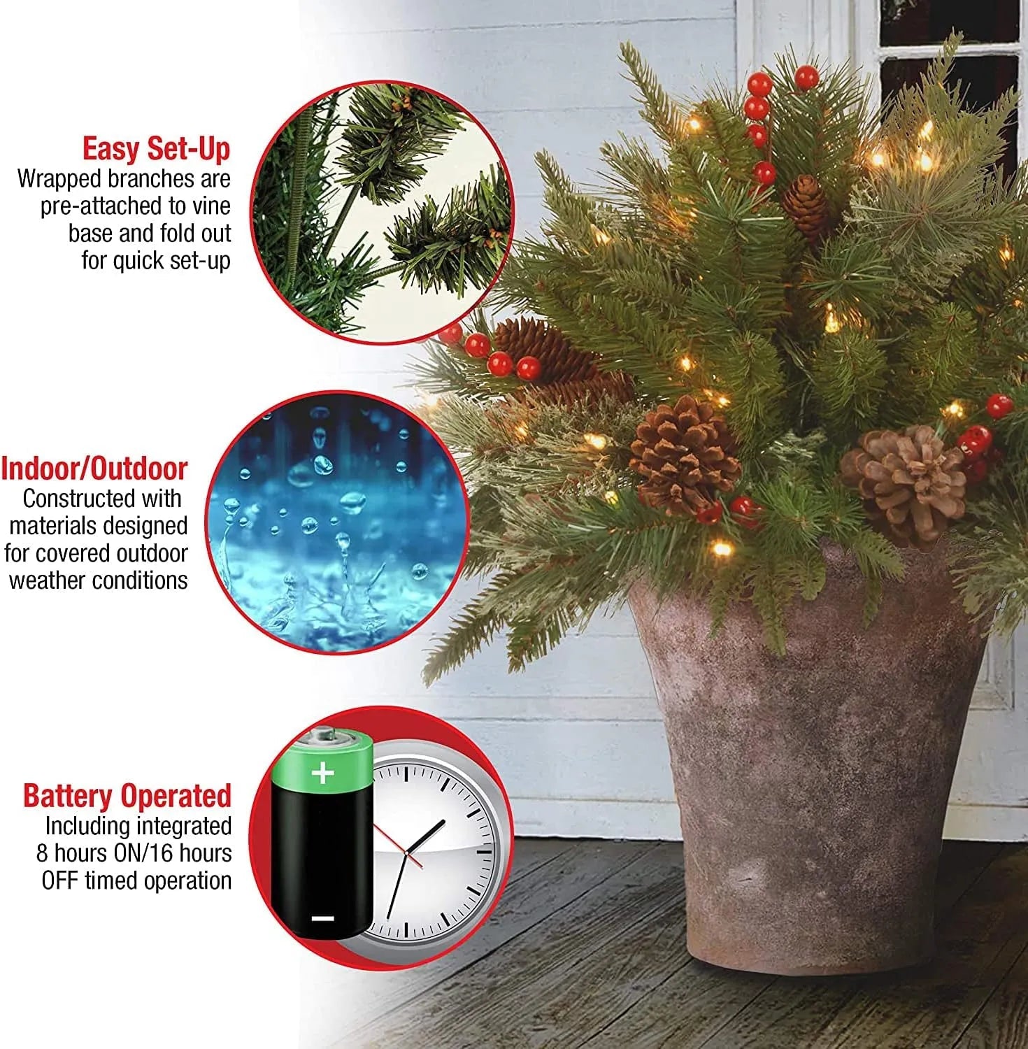 Pre-lit Artificial Christmas Tree Urn Filler with LED Lights and Realistic Branches 5