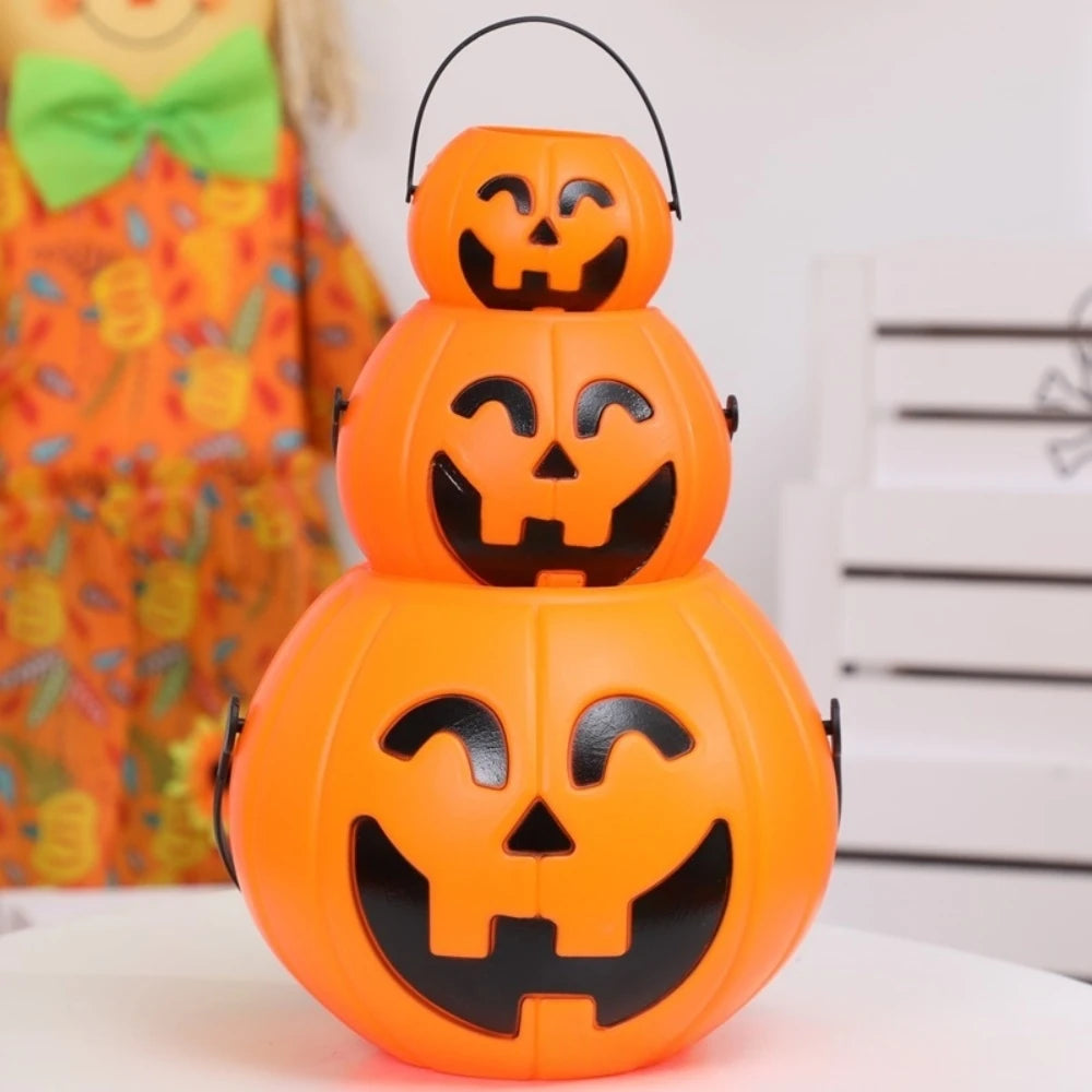 Set of 3 Plastic Pumpkin Buckets for Halloween, Multicolor Pumpkin Pails in Small, Medium, Large Sizes - Perfect Candy Buckets